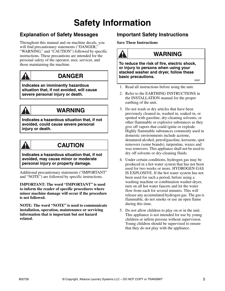 Safety information, Explanation of safety messages, Important safety instructions | Danger, Warning, Caution | Kleenmaid LTKA6 User Manual | Page 7 / 44