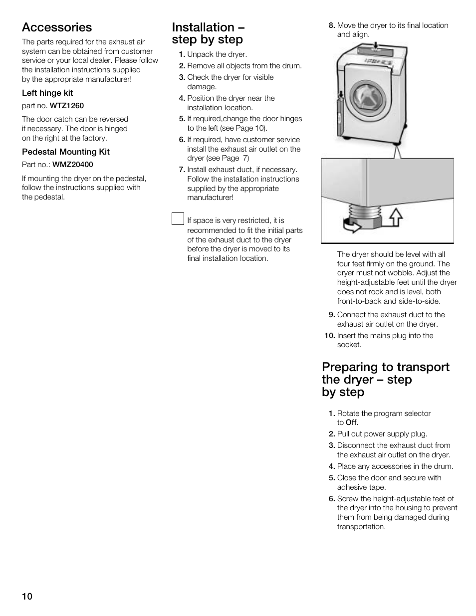 Accessories, Installation ć step by step, Preparing to transport the dryer ć step by step | Kleenmaid KED2000 User Manual | Page 10 / 30