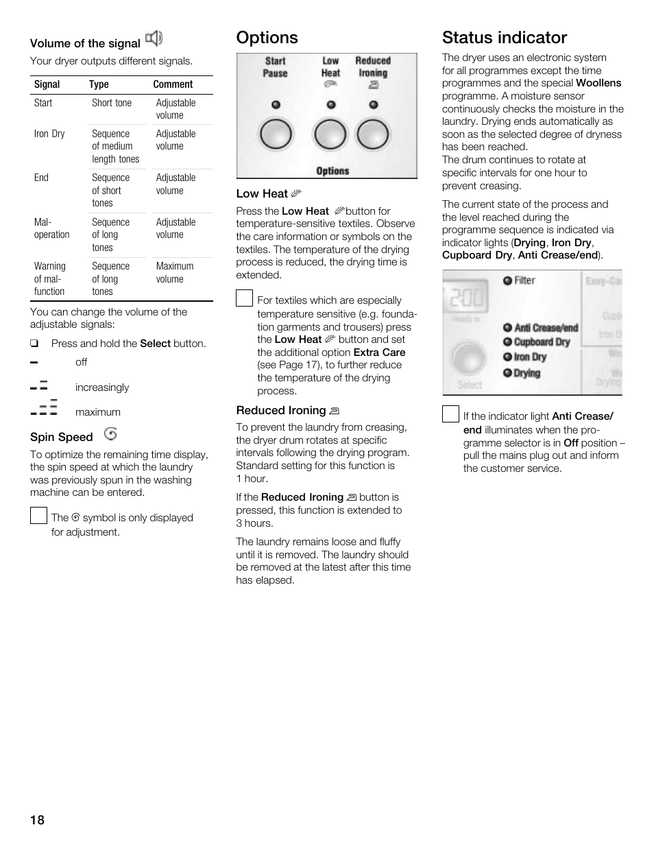 Options, Status indicator | Kleenmaid KED2000 User Manual | Page 18 / 30