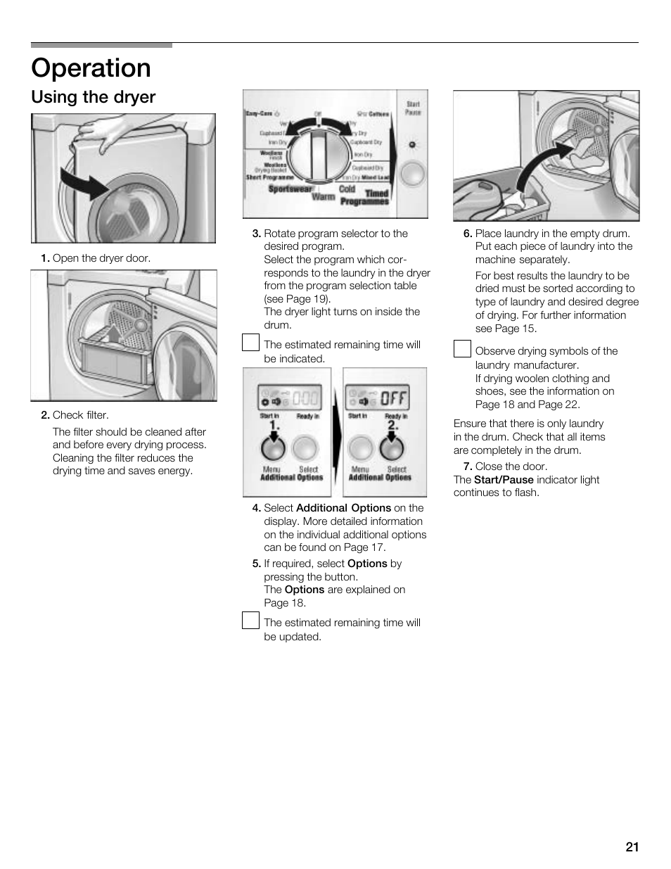 Operation, Using the dryer | Kleenmaid KED2000 User Manual | Page 21 / 30