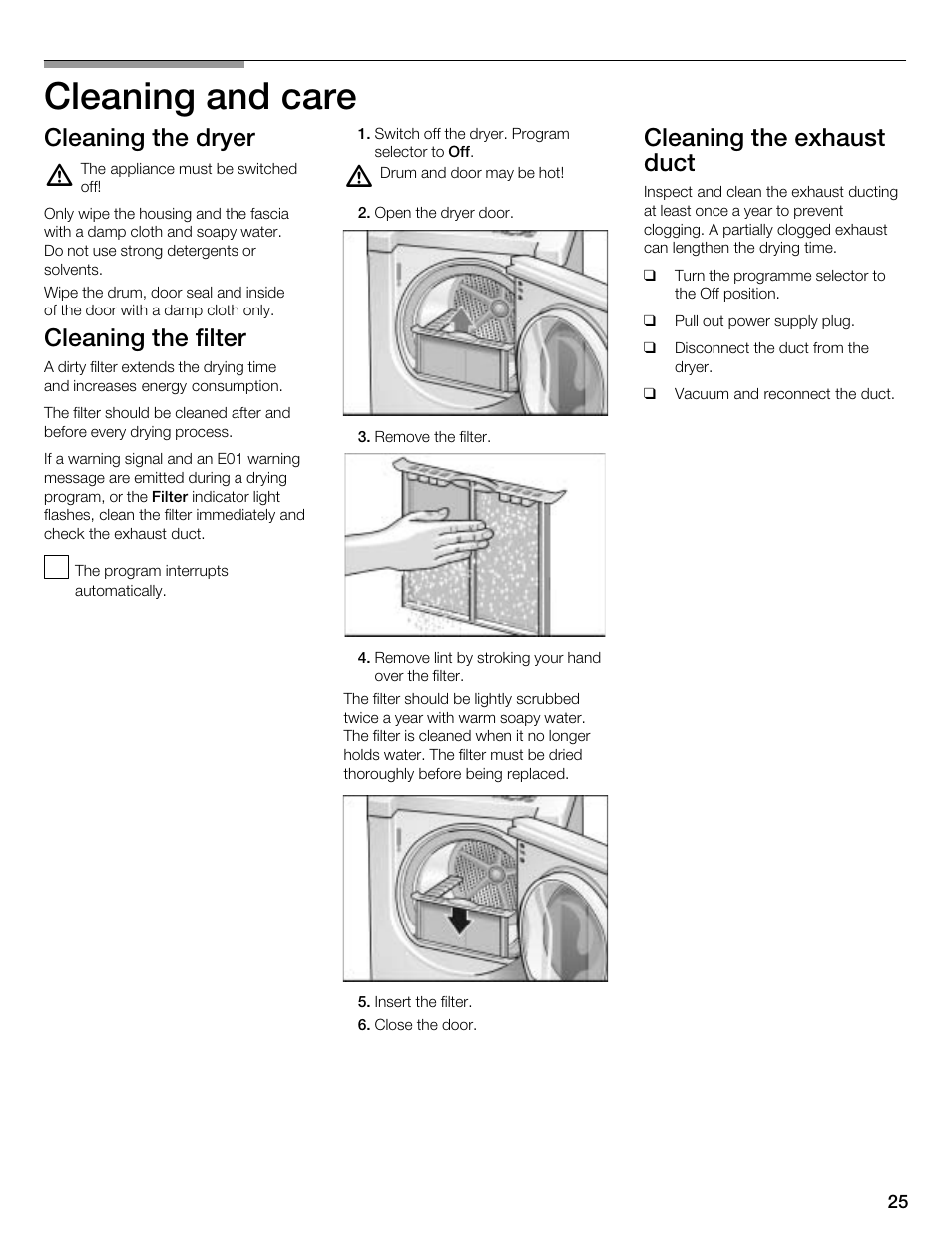 Cleaning and care, Cleaning the dryer, Cleaning the filter | Cleaning the exhaust duct | Kleenmaid KED2000 User Manual | Page 25 / 30