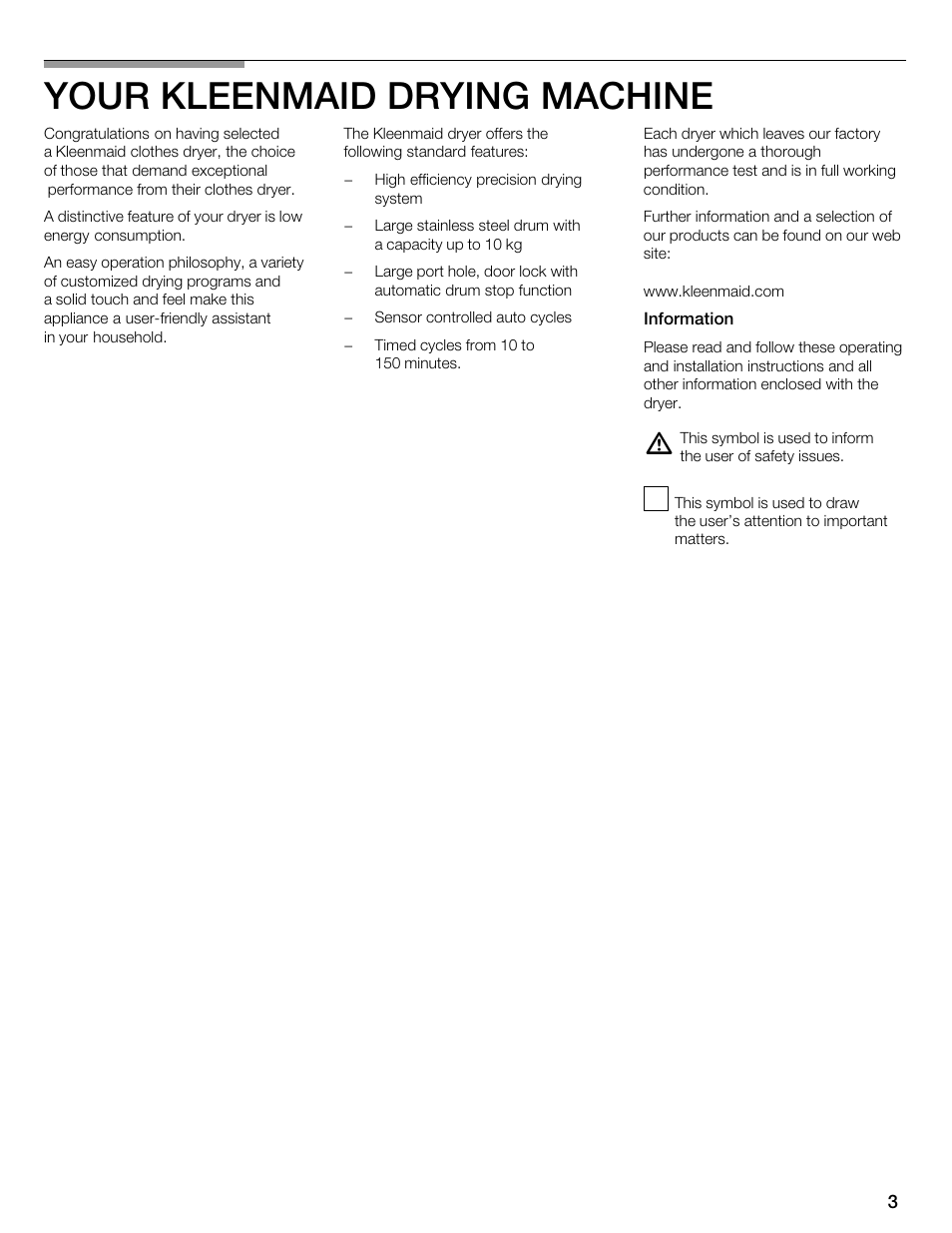 Your kleenmaid drying machine | Kleenmaid KED2000 User Manual | Page 3 / 30