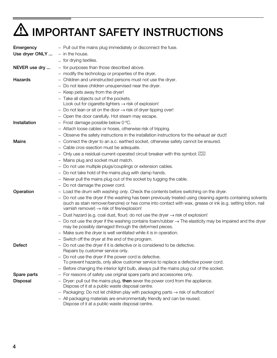 Important safety instructions | Kleenmaid KED2000 User Manual | Page 4 / 30