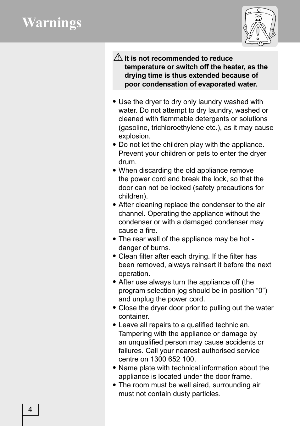 Warnings | Kleenmaid KED600 User Manual | Page 4 / 33