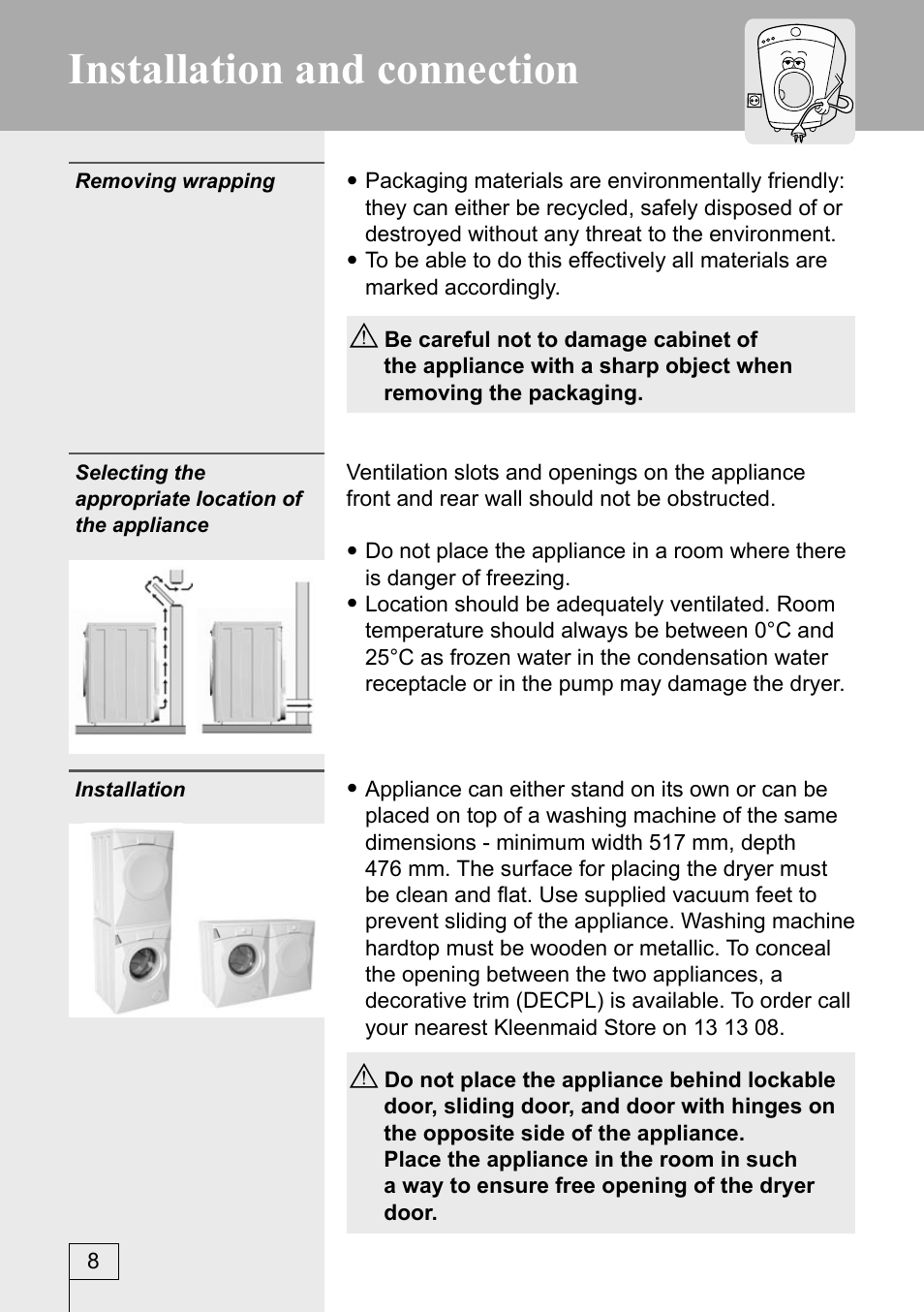 Installation and connection | Kleenmaid KED600 User Manual | Page 8 / 33