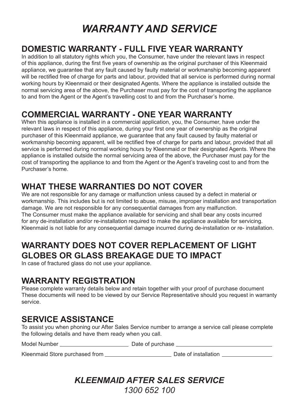 Warranty and service, Domestic warranty - full five year warranty, Commercial warranty - one year warranty | What these warranties do not cover, Warranty registration, Service assistance | Kleenmaid KED501 User Manual | Page 23 / 24