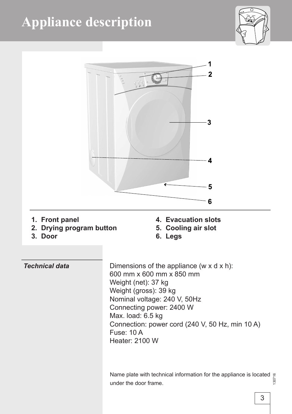 Appliance description | Kleenmaid KED501 User Manual | Page 3 / 24