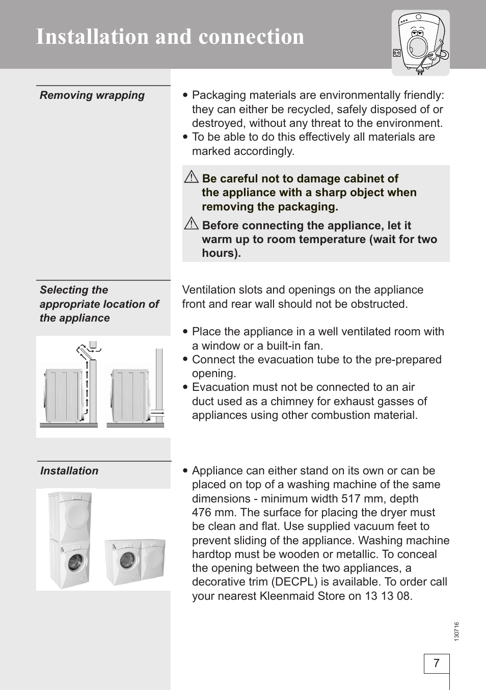 Installation and connection | Kleenmaid KED501 User Manual | Page 7 / 24