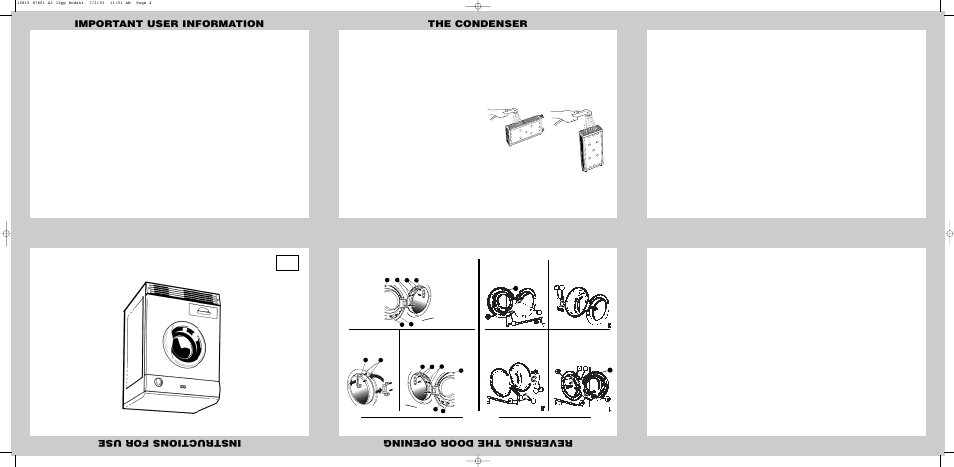 Important user information, Reversing the door opening, Instructions for use | Gb the condenser, This appliance must be earthed | Kleenmaid KED420 User Manual | Page 2 / 2