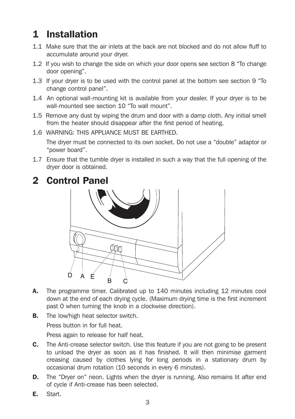 1 installation, 2 control panel | Kleenmaid KED301 User Manual | Page 5 / 12