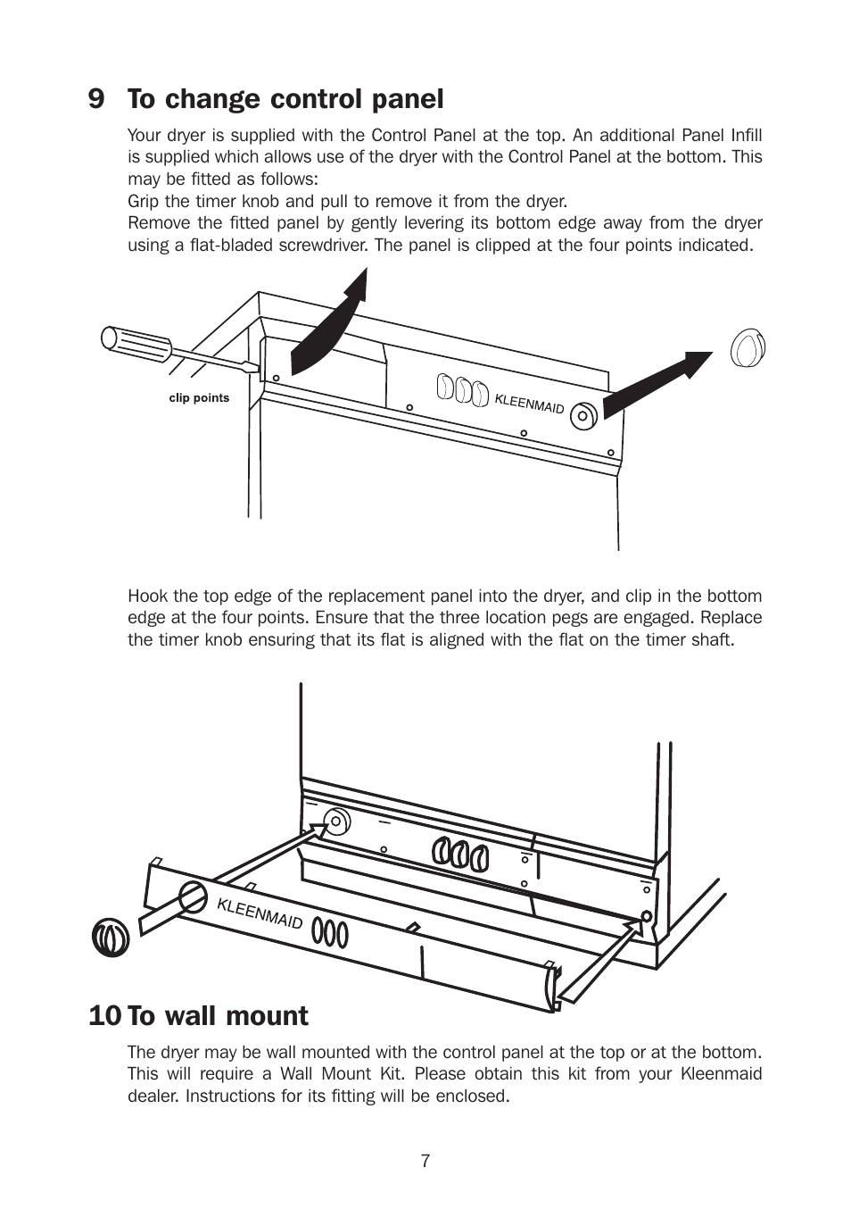 9 to change control panel, 10 to wall mount | Kleenmaid KED301 User Manual | Page 9 / 12