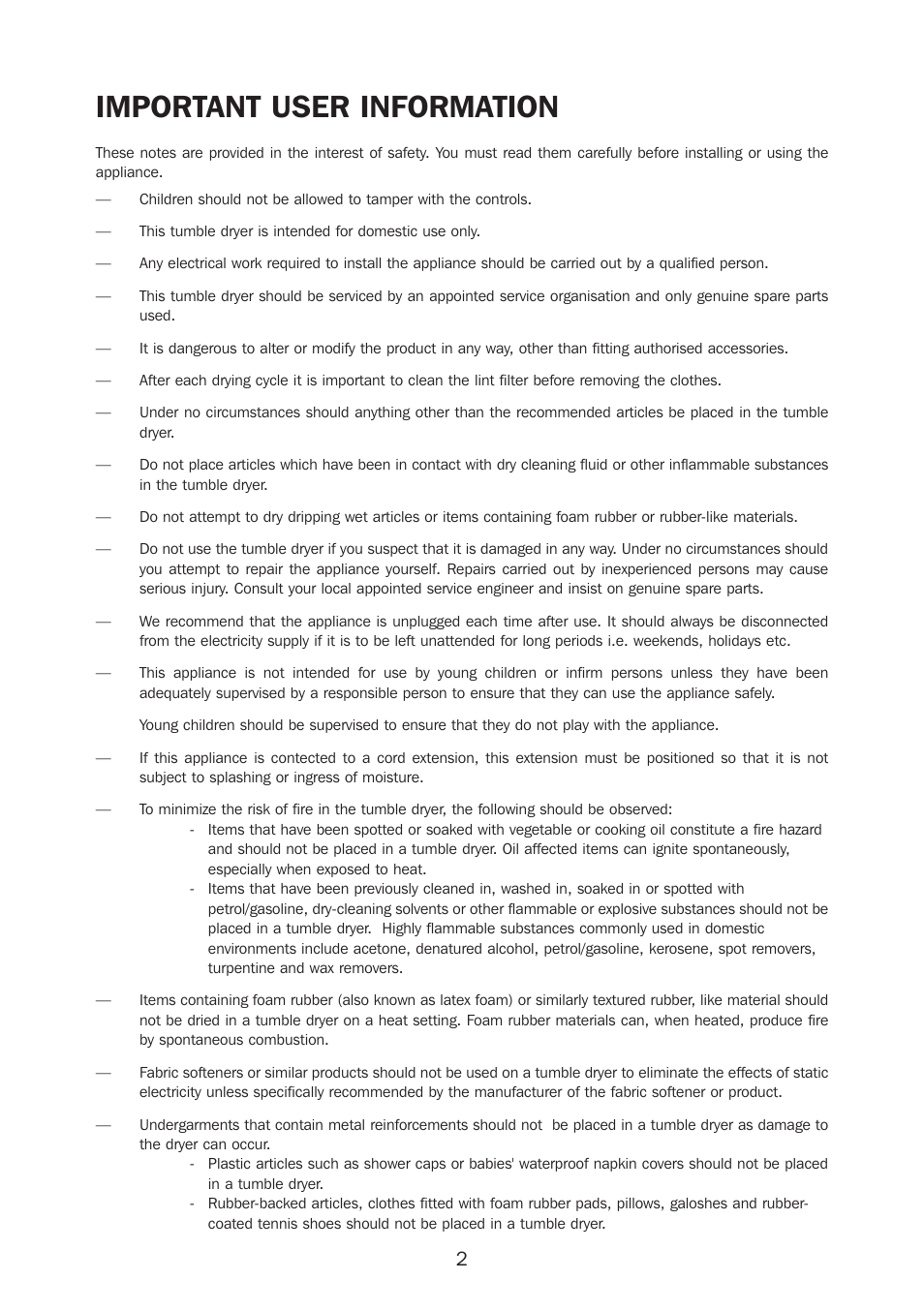 Important user information | Kleenmaid KED300 User Manual | Page 3 / 10