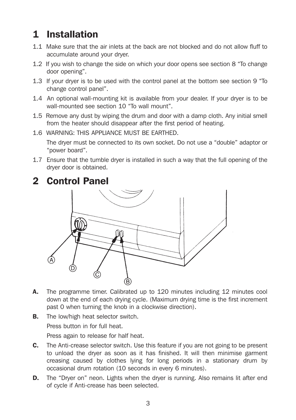 1 installation, 2 control panel | Kleenmaid KED300 User Manual | Page 4 / 10