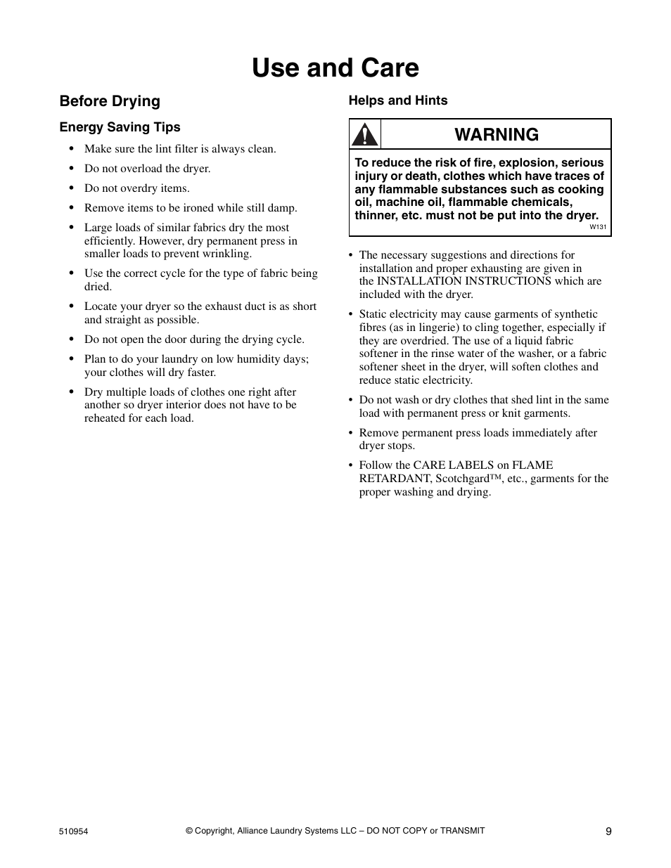 Use and care, Before drying, Energy saving tips | Helps and hints, Warning | Kleenmaid LEK37A Version 510954R5 User Manual | Page 11 / 24