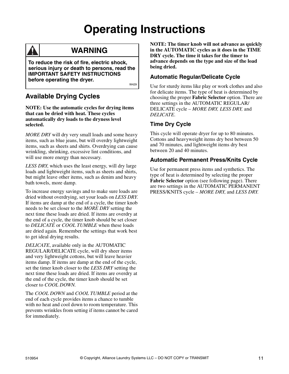 Operating instructions, Available drying cycles, Warning | Kleenmaid LEK37A Version 510954R5 User Manual | Page 13 / 24