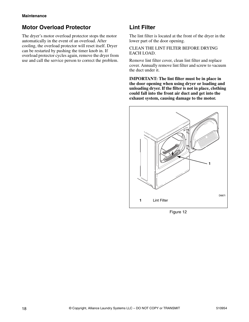 Motor overload protector lint filter, Motor overload protector, Lint filter | Kleenmaid LEK37A Version 510954R5 User Manual | Page 20 / 24