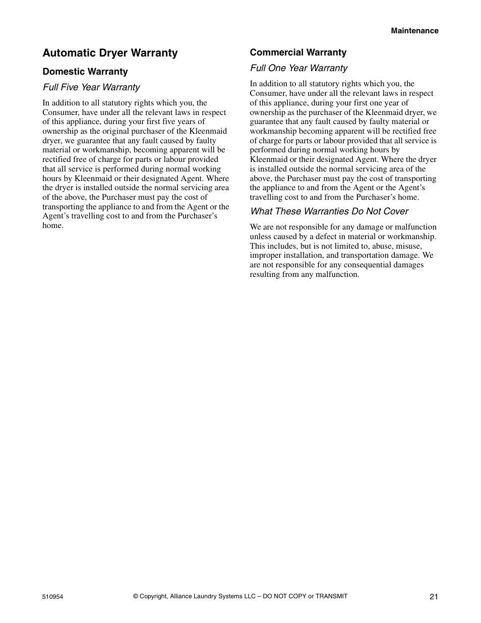 Automatic dryer warranty, Domestic warranty commercial warranty | Kleenmaid LEK37A Version 510954R5 User Manual | Page 23 / 24