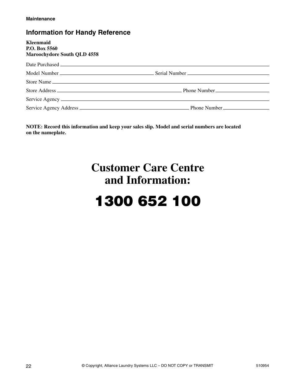Information for handy reference, Customer care centre and information | Kleenmaid LEK37A Version 510954R5 User Manual | Page 24 / 24