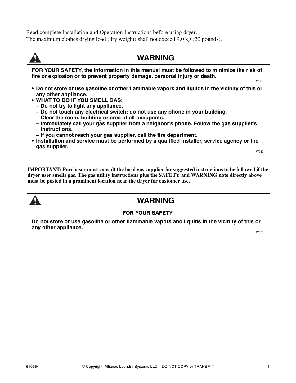 Warning | Kleenmaid LEK37A Version 510954R5 User Manual | Page 3 / 24