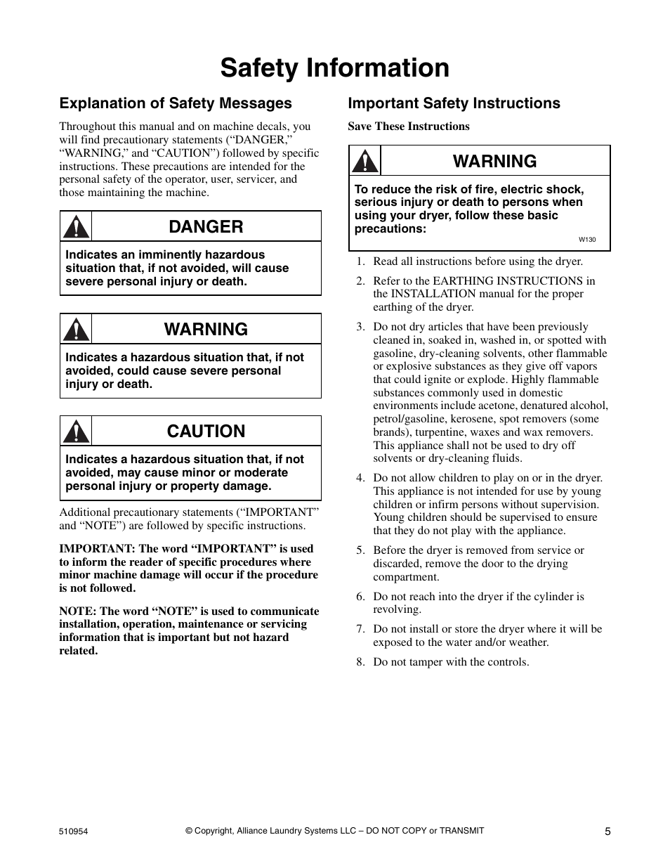 Safety information, Explanation of safety messages, Important safety instructions | Danger, Warning, Caution | Kleenmaid LEK37A Version 510954R5 User Manual | Page 7 / 24