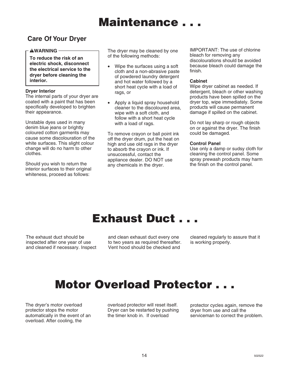 Maintenance, Exhaust duct, Motor overload protector | Care of your dryer | Kleenmaid KED597-4350 User Manual | Page 14 / 19