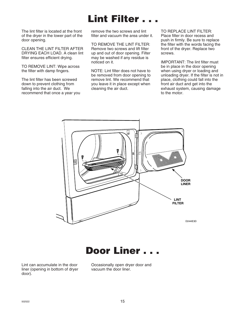 Lint filter, Door liner | Kleenmaid KED597-4350 User Manual | Page 15 / 19