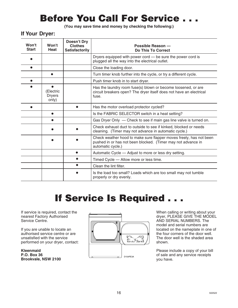 Before you call for service, If service is required, If your dryer | Kleenmaid KED597-4350 User Manual | Page 16 / 19