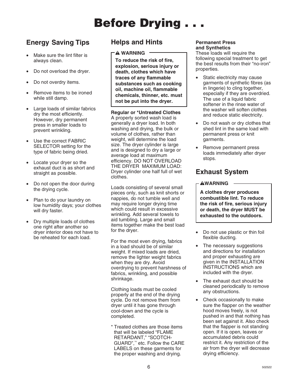 Before drying, Helps and hints energy saving tips, Exhaust system | Kleenmaid KED597-4350 User Manual | Page 6 / 19