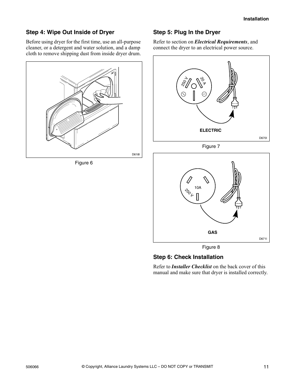 Step 4: wipe out inside of dryer, Step 5: plug in the dryer, Step 6: check installation | Kleenmaid LEK37A Version 506066R4 User Manual | Page 13 / 32