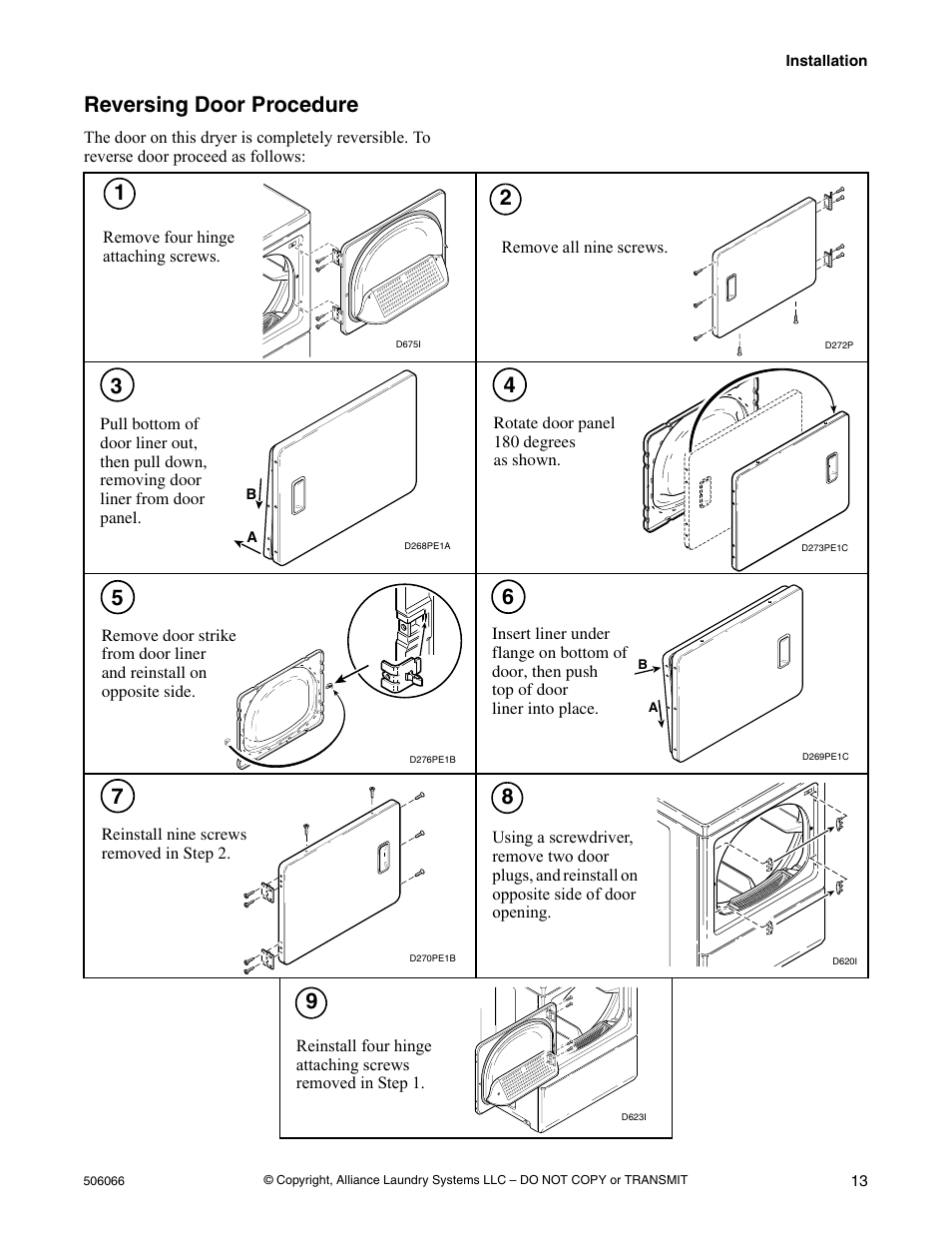 Reversing door procedure | Kleenmaid LEK37A Version 506066R4 User Manual | Page 15 / 32