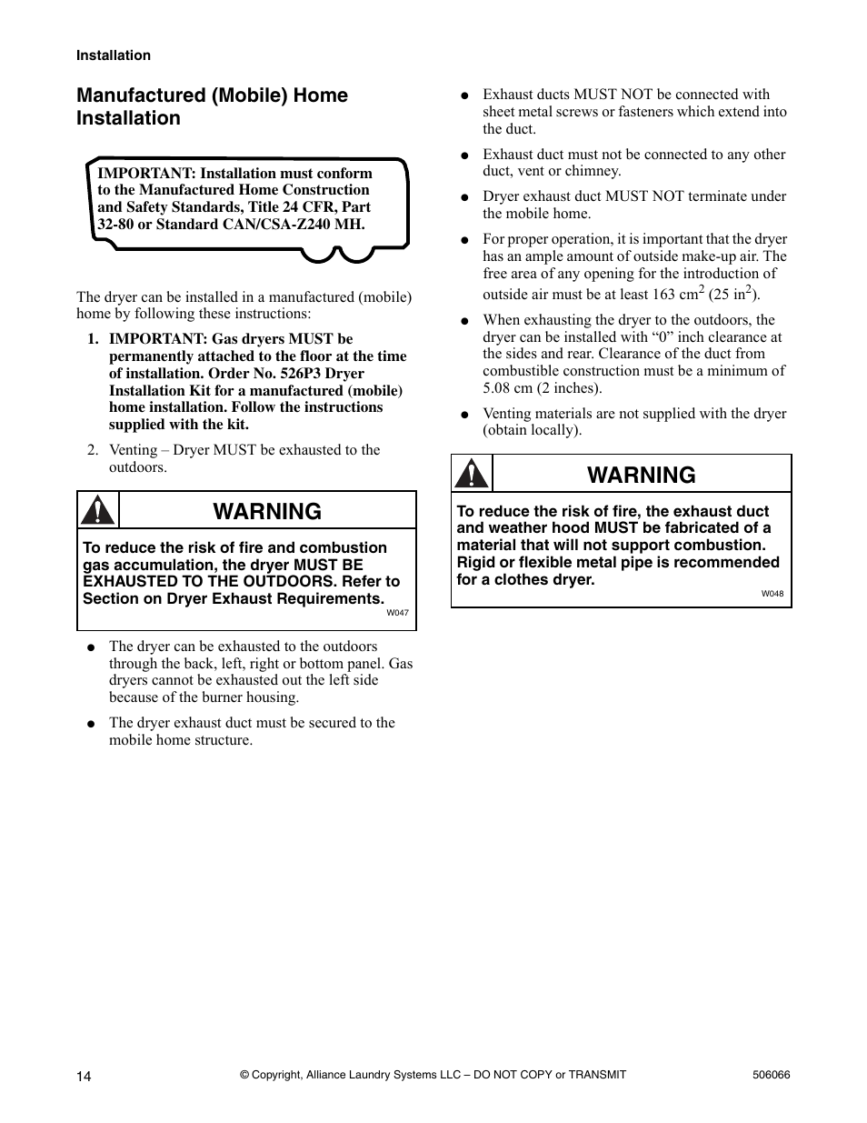 Manufactured (mobile) home installation, Warning | Kleenmaid LEK37A Version 506066R4 User Manual | Page 16 / 32