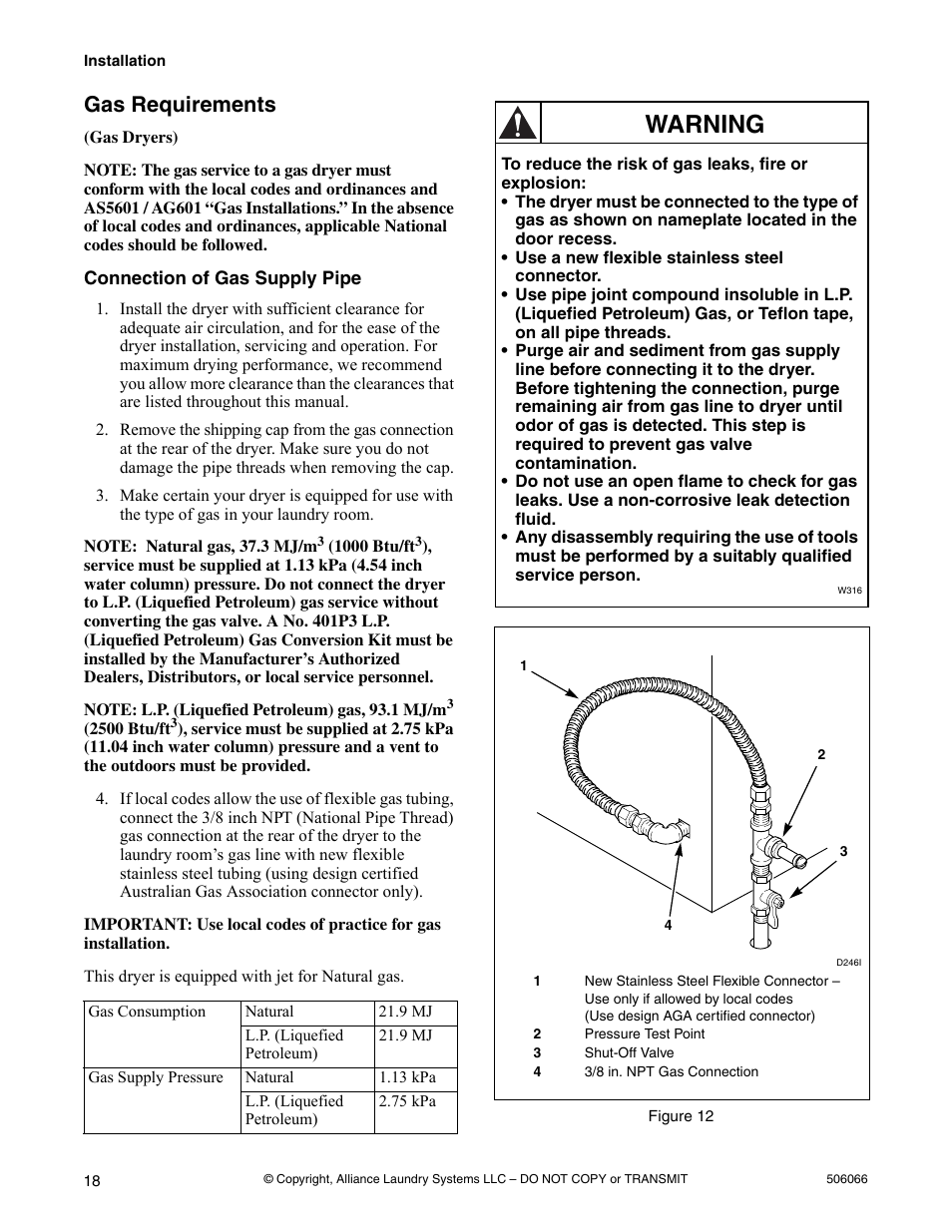 Gas requirements, Connection of gas supply pipe, Warning | Kleenmaid LEK37A Version 506066R4 User Manual | Page 20 / 32