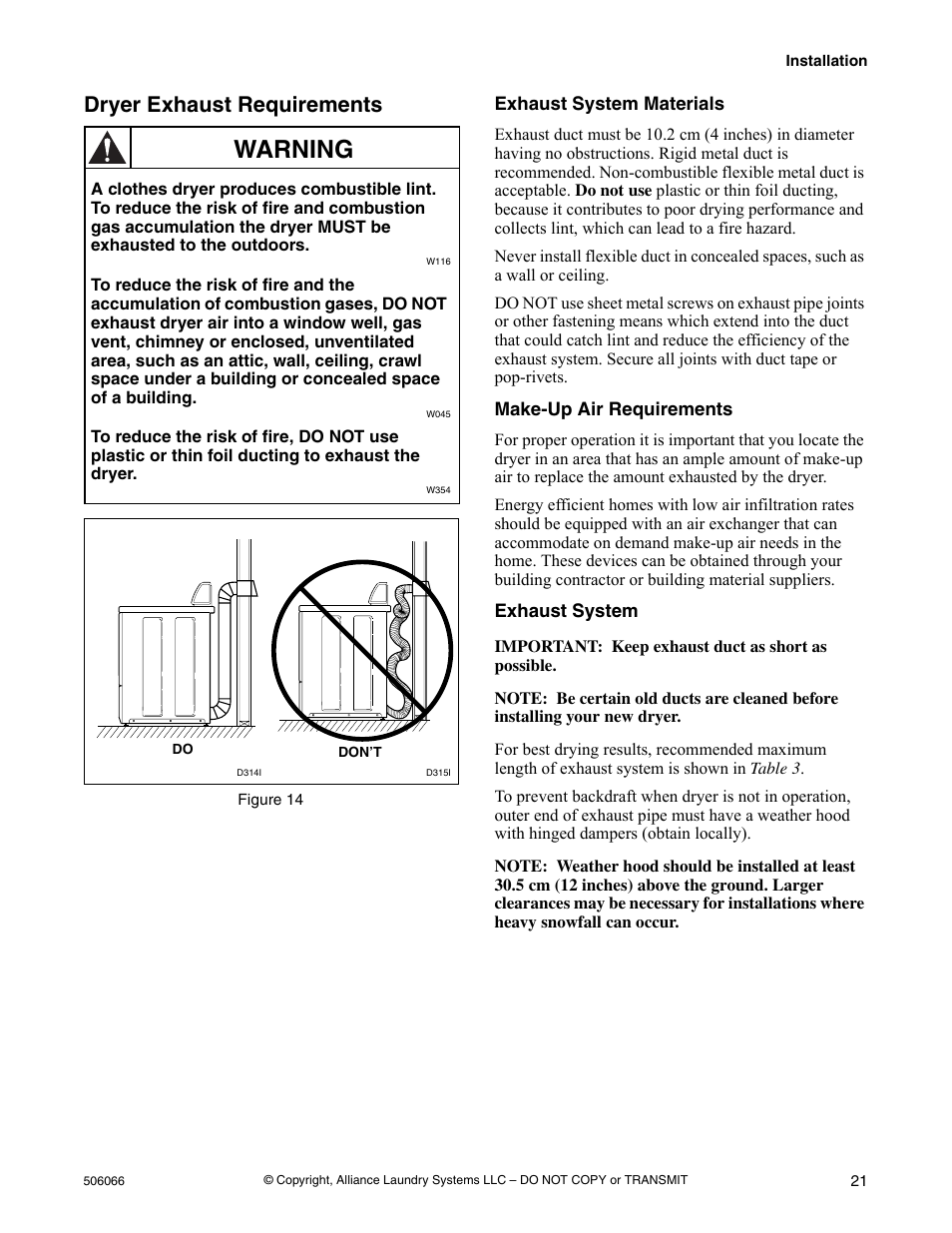 Dryer exhaust requirements, Warning | Kleenmaid LEK37A Version 506066R4 User Manual | Page 23 / 32