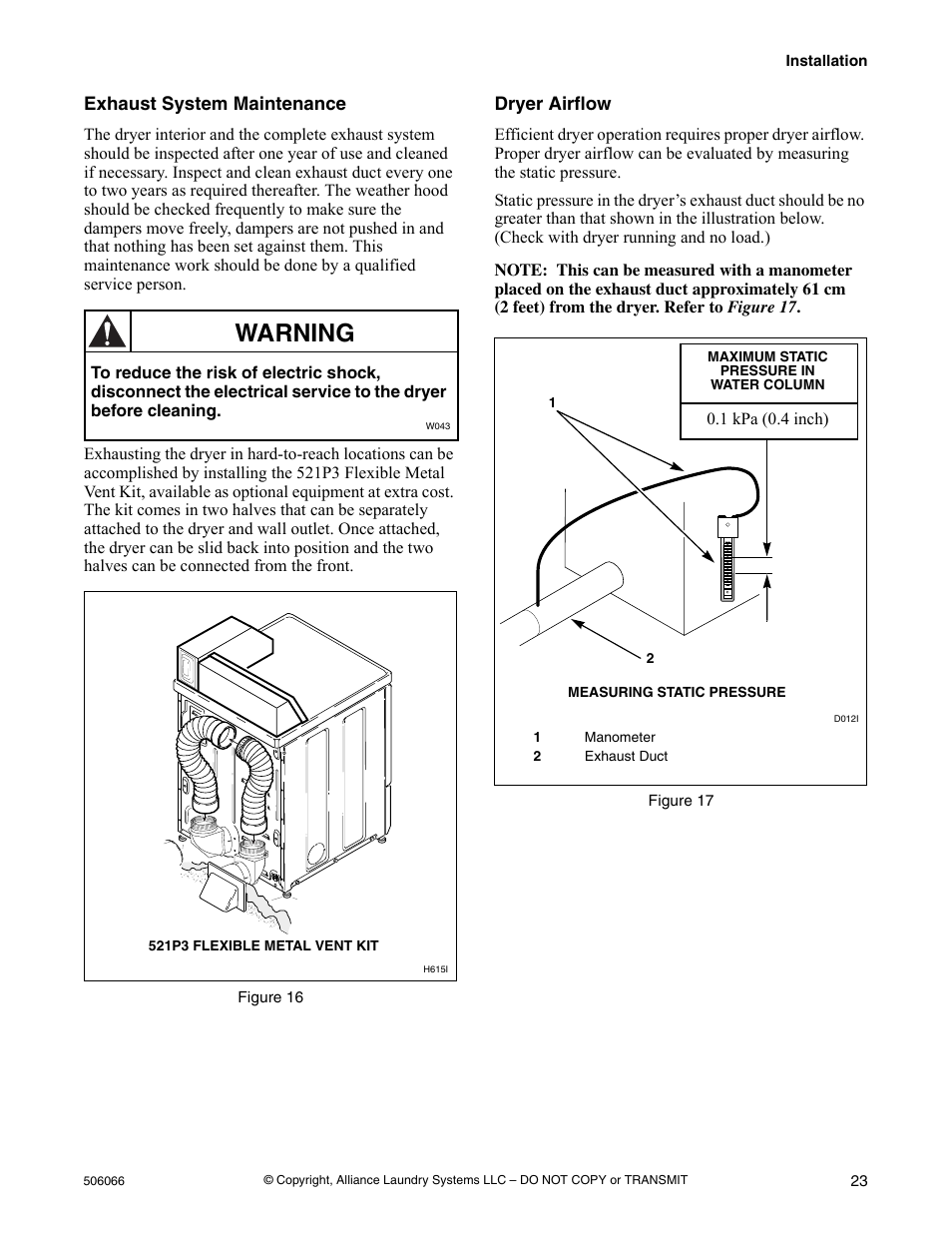 Exhaust system maintenance dryer airflow, Warning | Kleenmaid LEK37A Version 506066R4 User Manual | Page 25 / 32