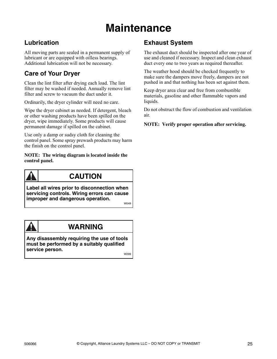 Maintenance, Lubrication care of your dryer exhaust system, Caution | Warning, Lubrication, Care of your dryer, Exhaust system | Kleenmaid LEK37A Version 506066R4 User Manual | Page 27 / 32