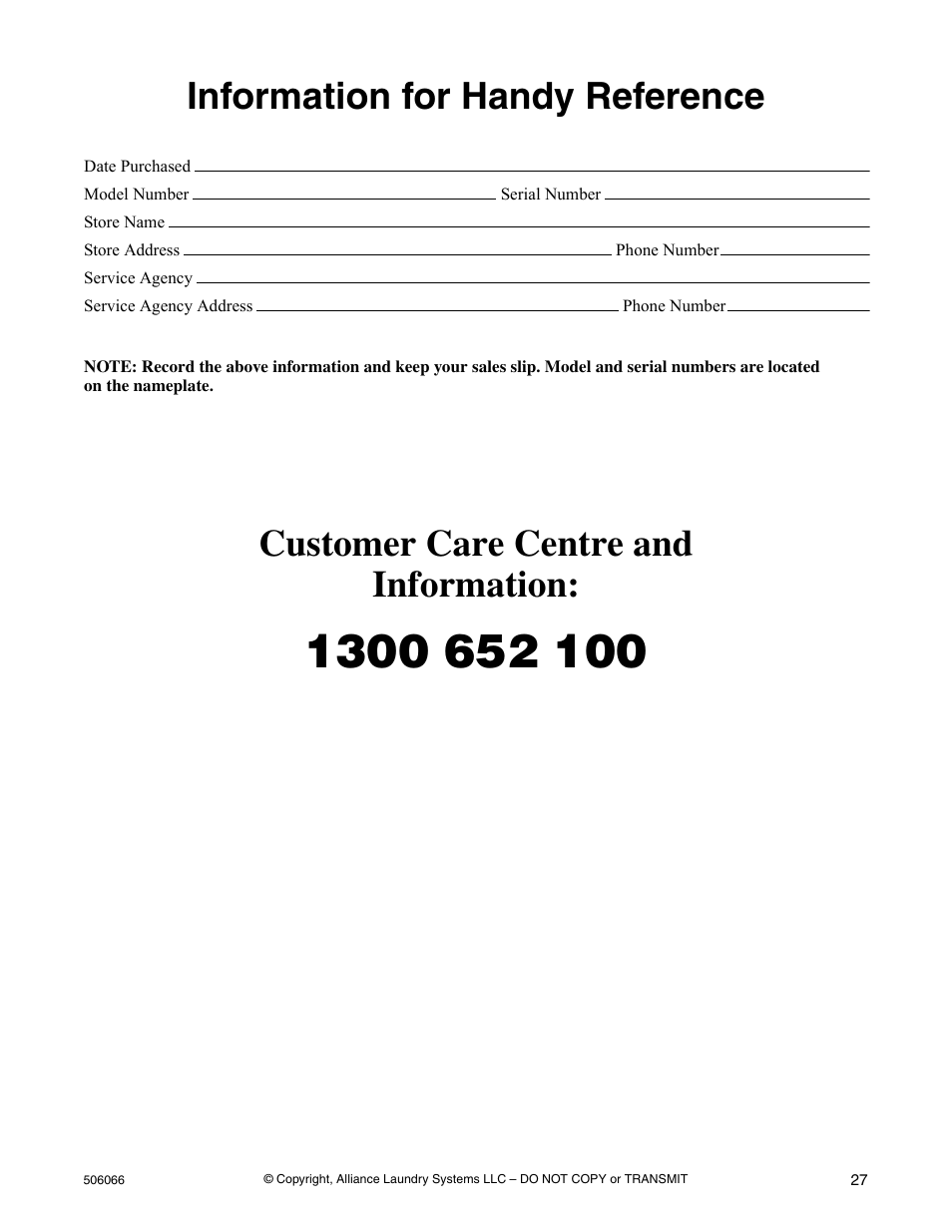 Information for handy reference, Customer care centre and information | Kleenmaid LEK37A Version 506066R4 User Manual | Page 29 / 32