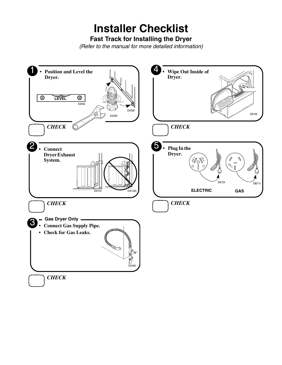 Installer checklist, Fast track for installing the dryer | Kleenmaid LEK37A Version 506066R4 User Manual | Page 32 / 32
