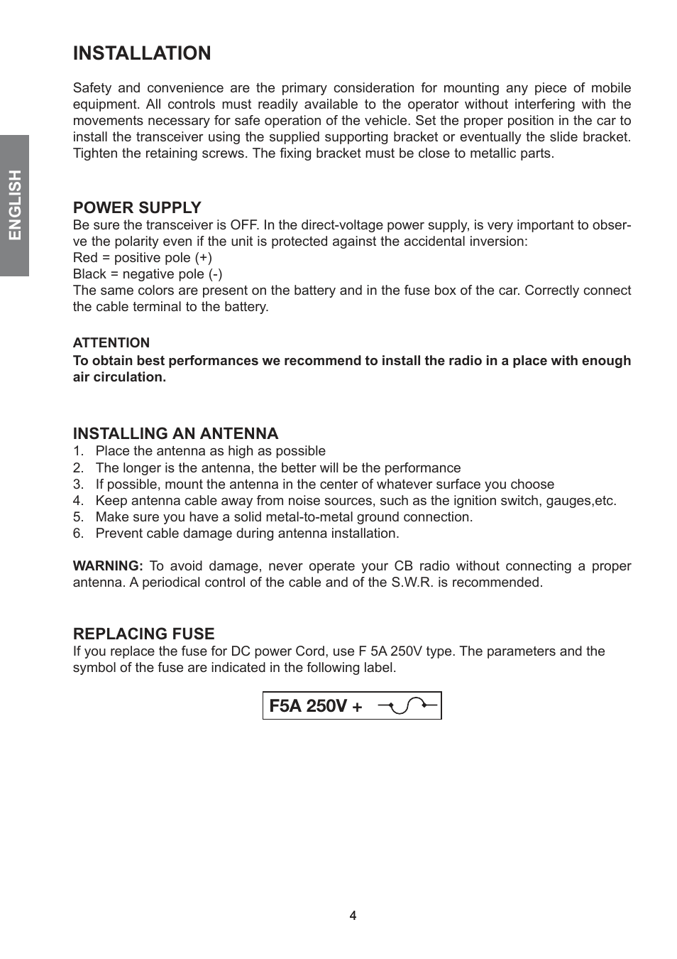 Installation, F5a 250v | MIDLAND 278 User Manual | Page 10 / 56