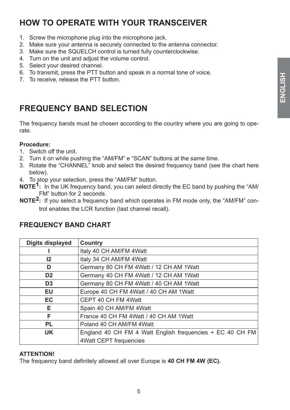 How to operate with your transceiver, Frequency band selection | MIDLAND 278 User Manual | Page 11 / 56