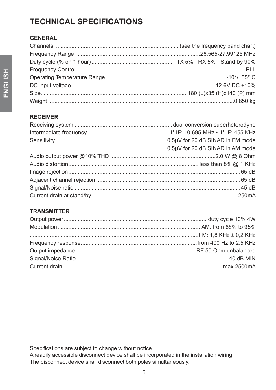 Technical specifications | MIDLAND 278 User Manual | Page 12 / 56