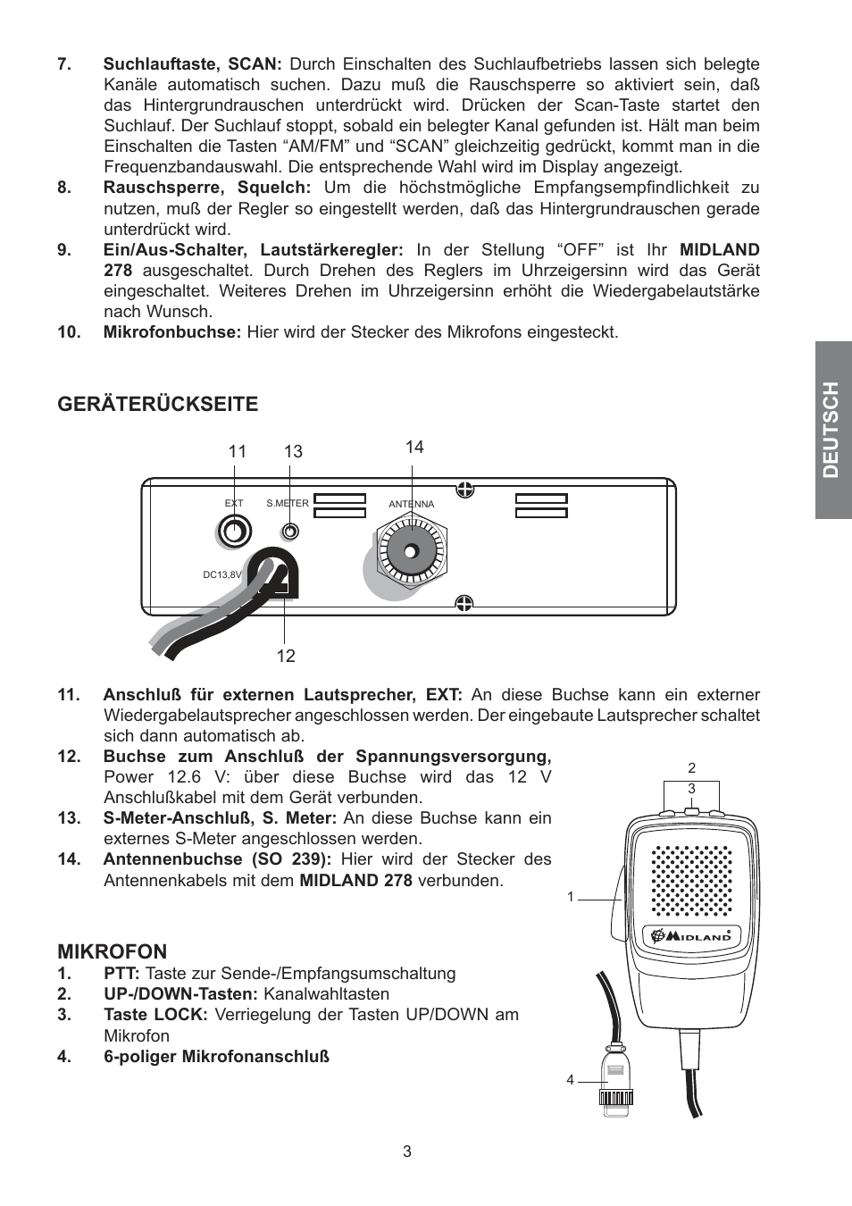 Deutsch, Geräterückseite, Mikrofon | MIDLAND 278 User Manual | Page 15 / 56
