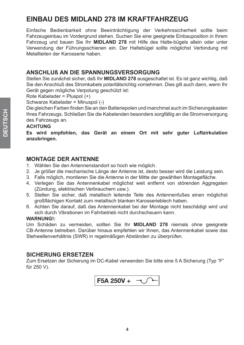 Einbau des midland 278 im kraftfahrzeug, F5a 250v | MIDLAND 278 User Manual | Page 16 / 56