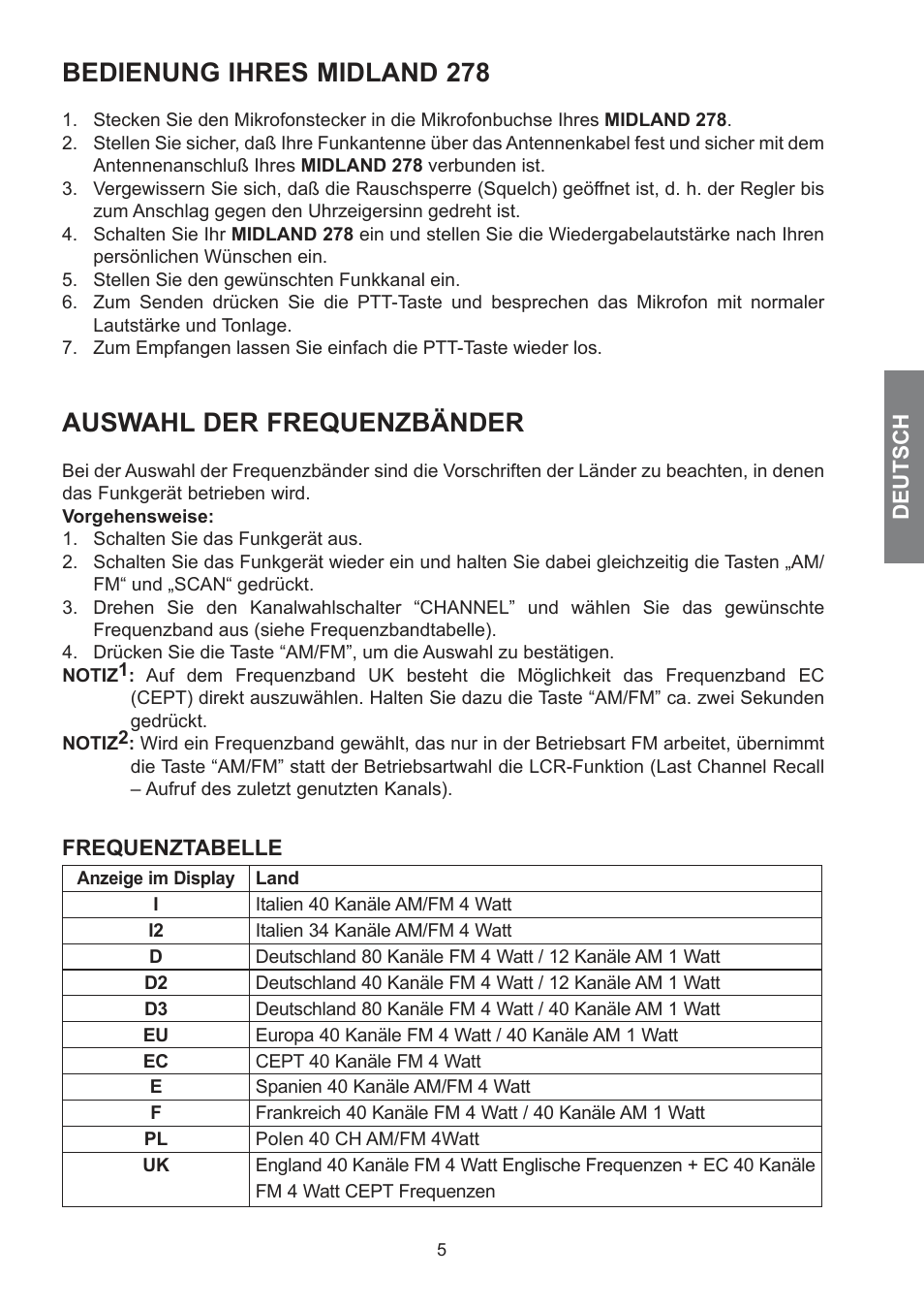 Bedienung ihres midland 278, Auswahl der frequenzbänder | MIDLAND 278 User Manual | Page 17 / 56