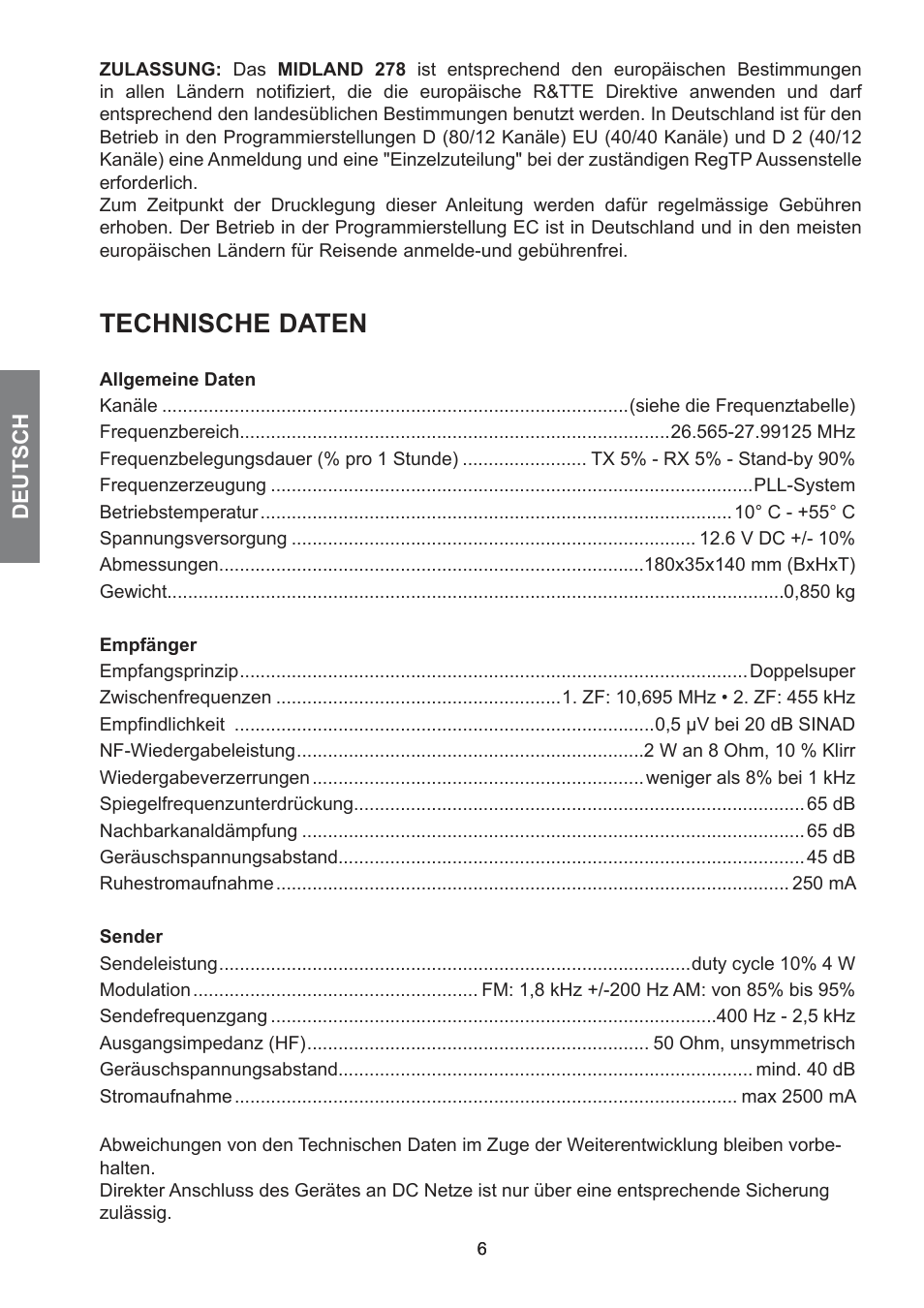 Technische daten | MIDLAND 278 User Manual | Page 18 / 56