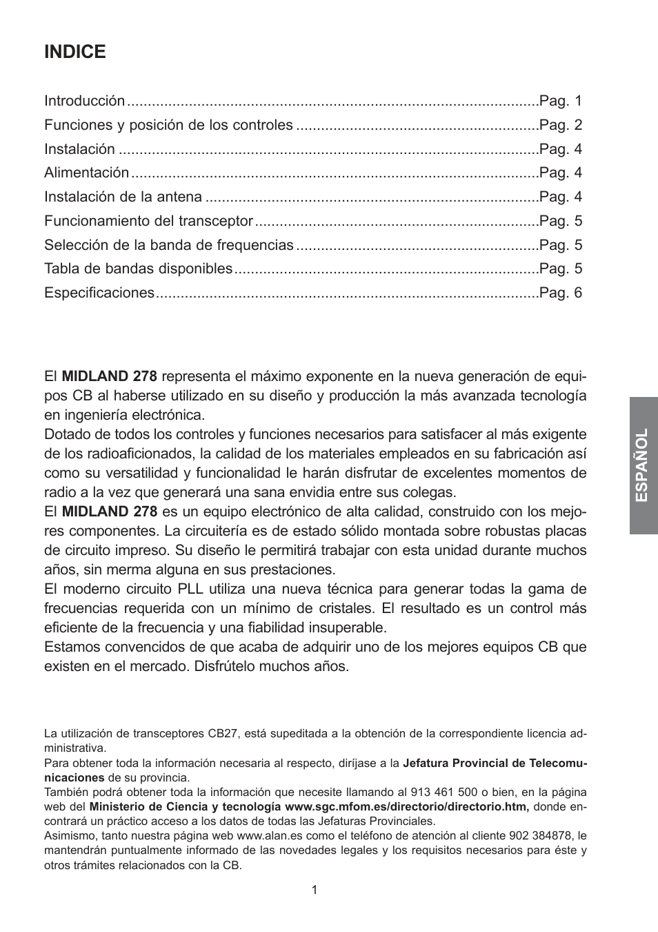 Indice | MIDLAND 278 User Manual | Page 19 / 56