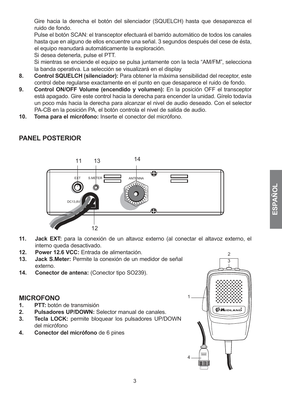 Esp añol, Panel posterior, Microfono | MIDLAND 278 User Manual | Page 21 / 56