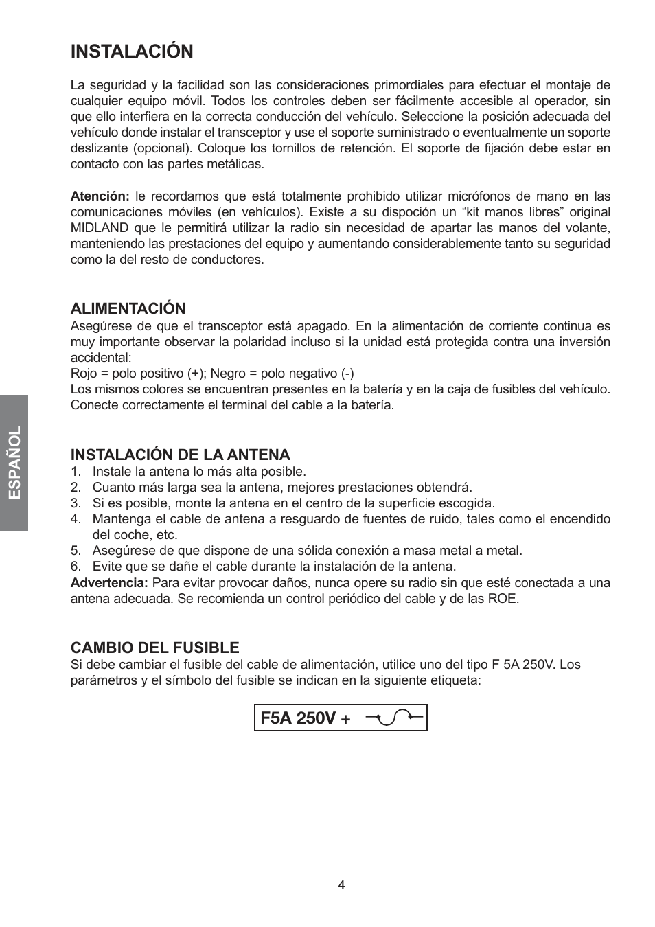 Instalación, F5a 250v | MIDLAND 278 User Manual | Page 22 / 56