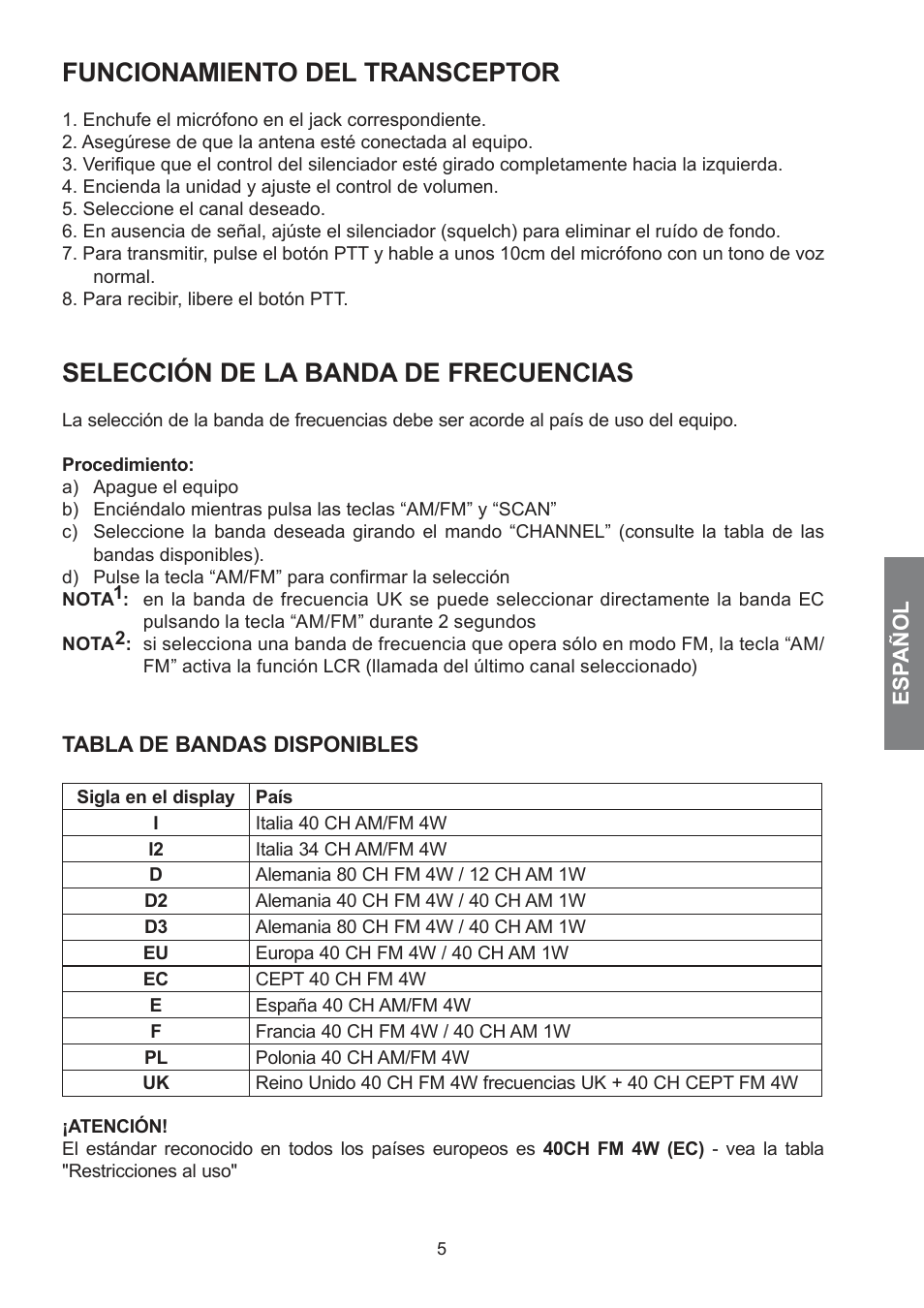 Funcionamiento del transceptor, Selección de la banda de frecuencias | MIDLAND 278 User Manual | Page 23 / 56