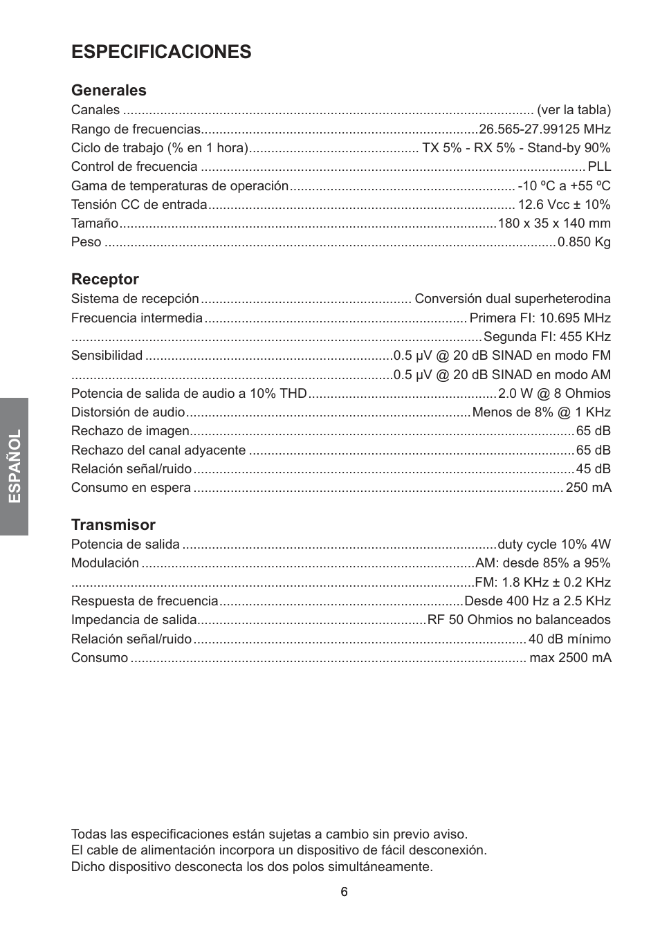 Especificaciones | MIDLAND 278 User Manual | Page 24 / 56