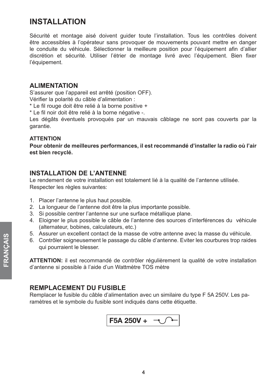 Installation, F5a 250v | MIDLAND 278 User Manual | Page 28 / 56